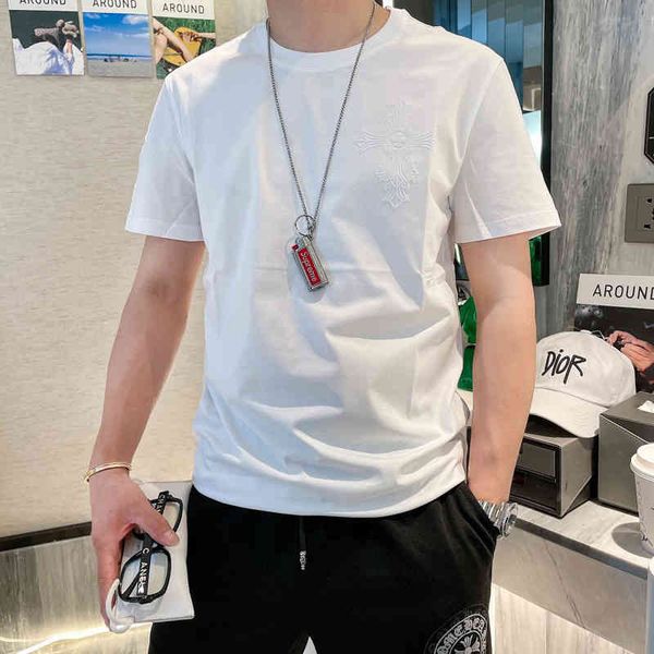 

croosin summer fashion brand crosin cross sanskrit carving mercerized cotton short sleeve t-shirt men's thin casual to