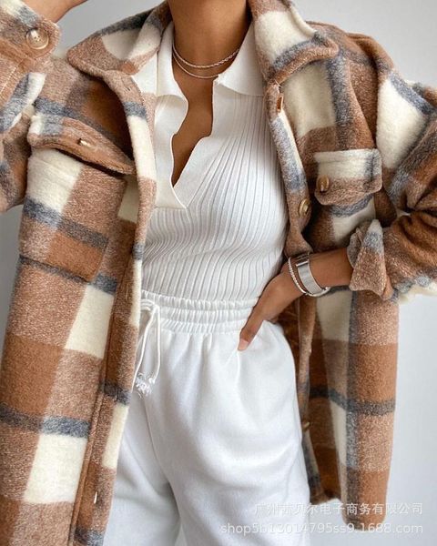 

women's wool & blends khaki plaid coats women 2021 long sleeve shirt coat, Black