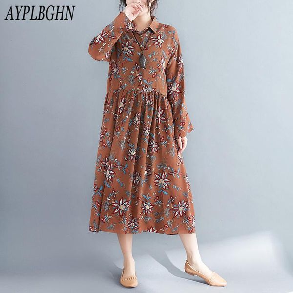 

tide woman spring autumn long paragraph loose art vintage floral shirt dress cotton & linen plus size lady print casual dresses, Black;gray