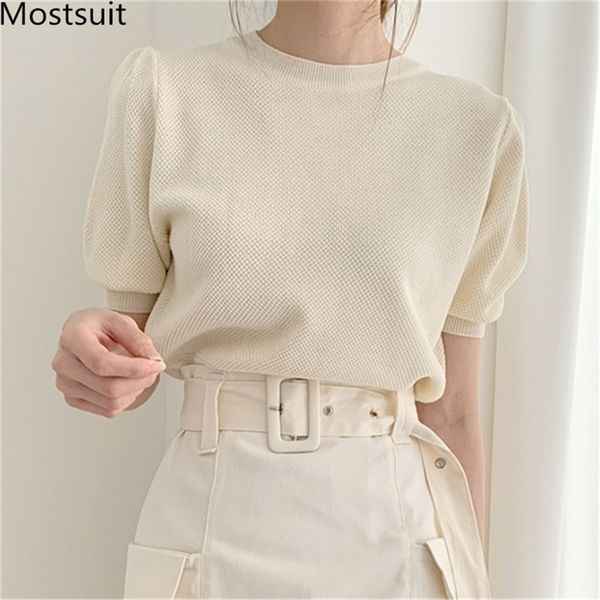 

korean knitted solid women tunics t shirts summer short sleeve o-neck pullovers tees elegant fashion ladies t-shirts 210513, Black;brown