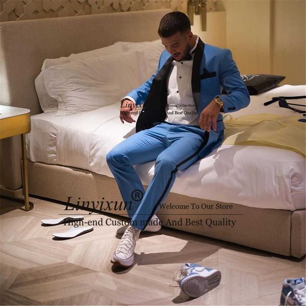 Yakışıklı Kraliyet Mavi Erkekler Suit Slim Fit Siyah Şal Yaka Blazer Düğün Damat Smokin En Iyi Adam Terno Masculino 2 Parça Ceket + Pantolon X0909