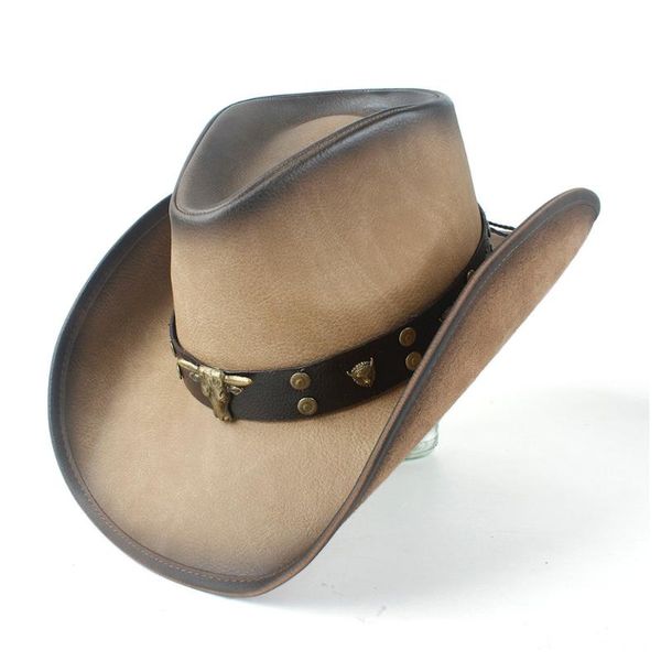 

cloches 2021 fashion men western cowboy hat with punk leather bull band for gentleman sombrero size 58-59cm, Blue;gray