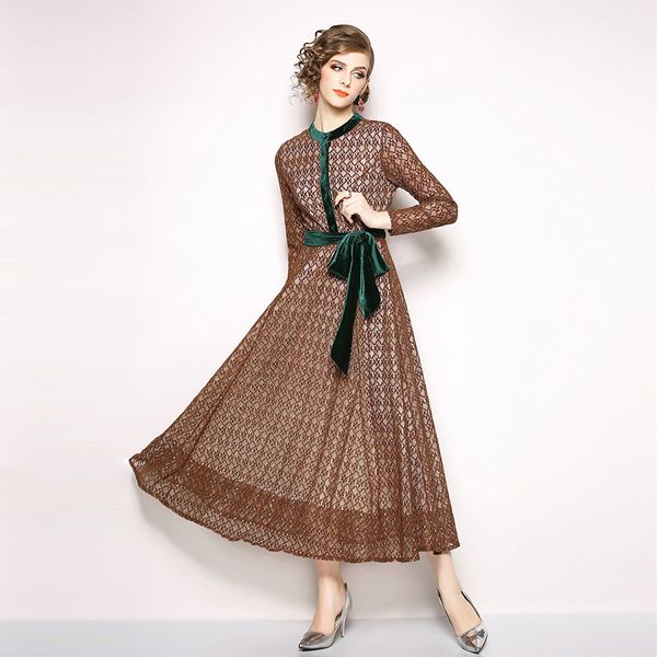 

boutique dress autumn and winter stand collar color contrast lace long sleeve up waist skirt, Black;pink