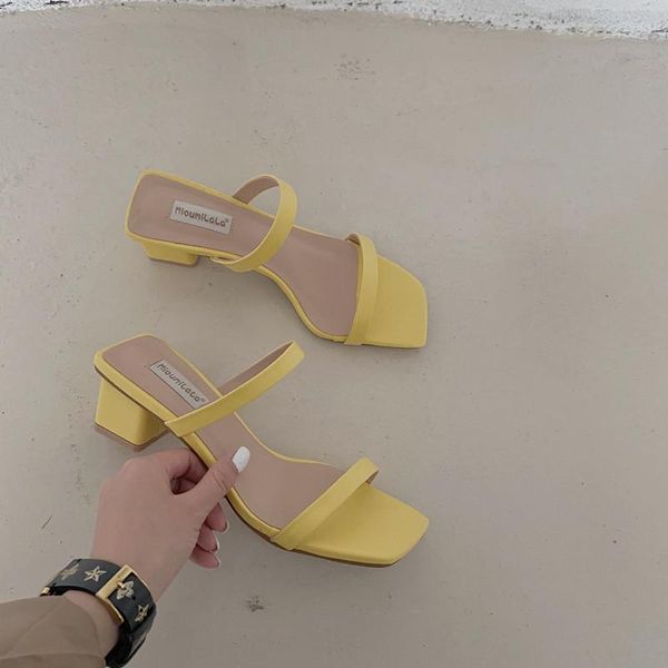 

slippers 2021 women fashion slipper mules candy color square high heels classics strap sandals elegant summer bohemian slides shoes, Black