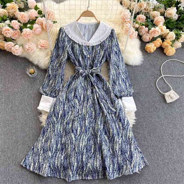 Kadın Moda Retro Bebek Yaka Uzun Kollu Lace Up Bel Ince Baskı A-Line Elbise Zarif Vestidos De Mujer R546 210527