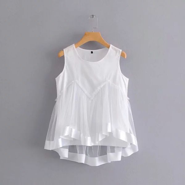 

mesh gauze stitching vest blouse women round neck female loose white shirt blusas mujer s5796 210430