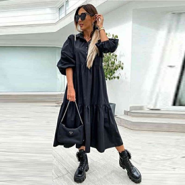 

summer women black white embroidery romantic dress v neck loose mid-sleeve button ladies long dress vestidos bodycon dress 210515, Black;gray