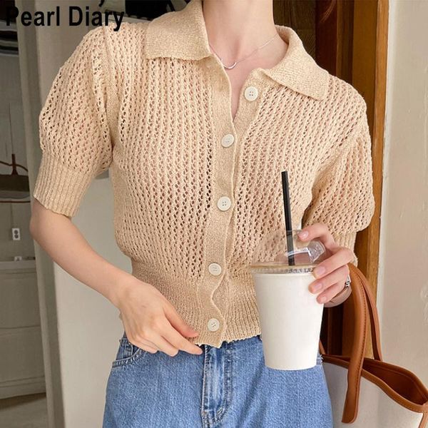 

women's knits & tees summer autumn short sleeve hollow out knit cardigans women solid color turn down collar slim casual knitted crop k, White