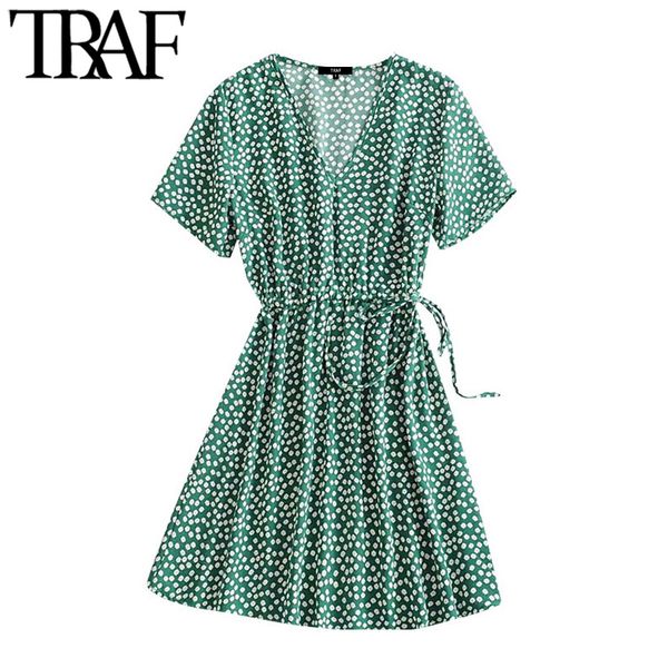 

traf women chic fashion floral print pleated mini dress vintage v neck short sleeve side bow tied female dresses mujer 210415, Black;gray
