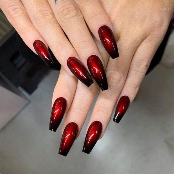 

ballerina false nails wine red ladies full nail tips extra long gradient color fake art manicure 24pcs1, Red;gold