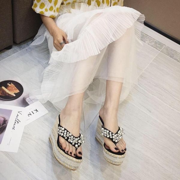 

slippers summer women's rhinestone beaded wedge flip-flops fashion ladies' shoes zapatos de mujer con tacon fiesta taco 5076, Black