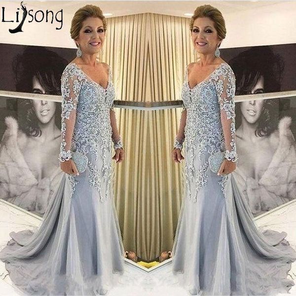 

casual dresses 2021 mother of the bridal dress v neck sheer long sleeves mermaid evening gowns lace applique beads plus size formal, Black;gray