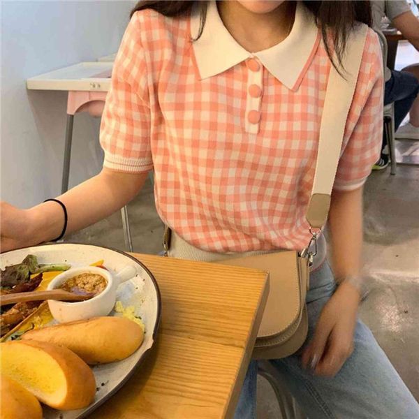 

autumn vintage sweet women sweater pulllovers korean short sleeve plaid preppy style turn down collar knitted sueter mujer, White;black
