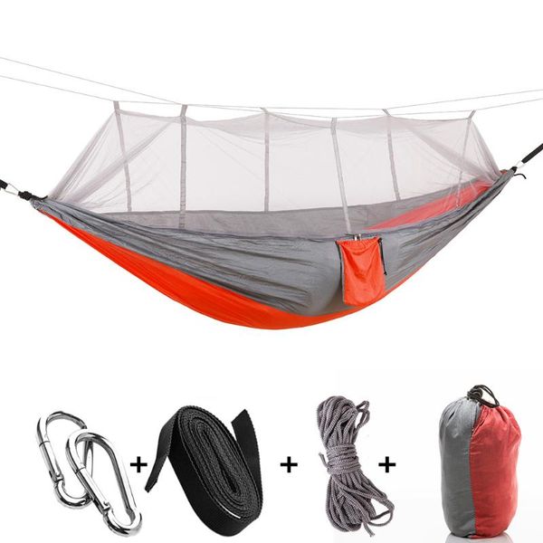 

260x140cm camping/garden hammock with mosquito net outdoor 1-2 person portable hanging bed strength parachute fabric sleep swing camp furnit