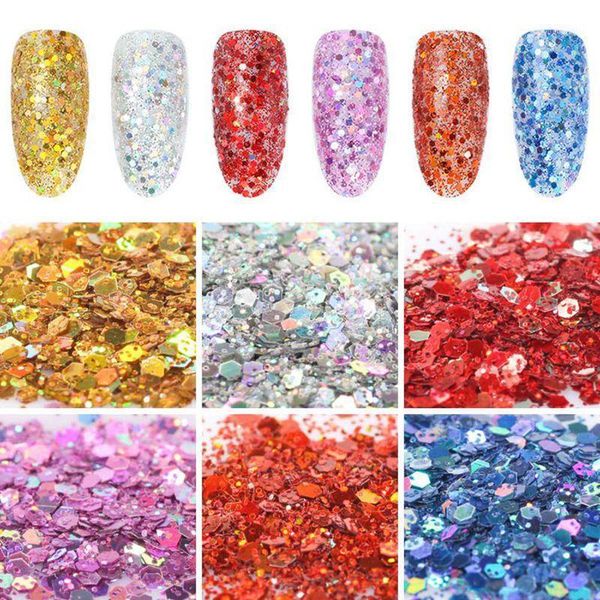

12pcs holo nail glitter powder mermaid 3d flakes sparkly hexagon laser shining paillette sequins diy art decoration1, Silver;gold