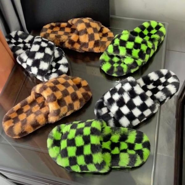 

slippers 2021 furry for women checkered pattern outdoor street style shoes warm fall flats multicolor, Black