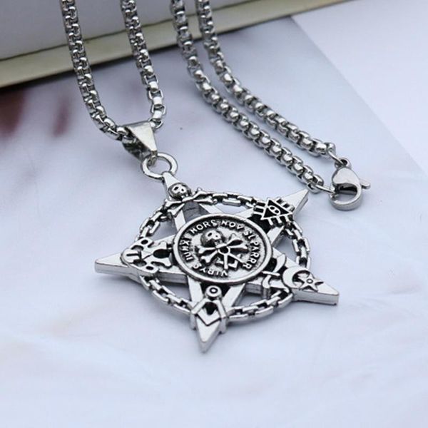 

pendant necklaces personality creative double-sided retro pentagram pirate skull titanium steel tanabata couple necklace, Silver