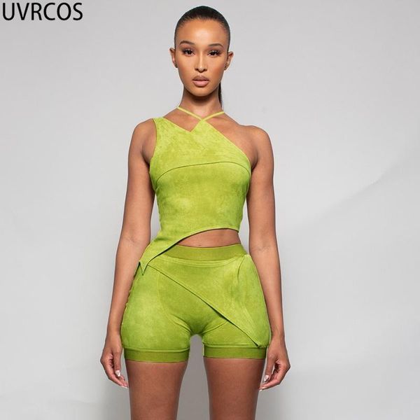 

women's tracksuits uvrcos summer two piece ensemble short femme solid unequal halter lace up one shoulder crop +stretch waist shorts su, Gray