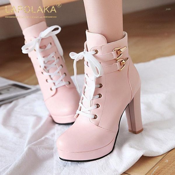 

boots lapolaka 2021 arrivals large size 43 cross-tied office ladies women shoes high heels platform zip up ankle1, Black