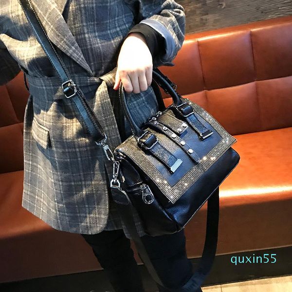 

evening bags split leather rhinestone women's bag large capacity handbag tote black shoulder