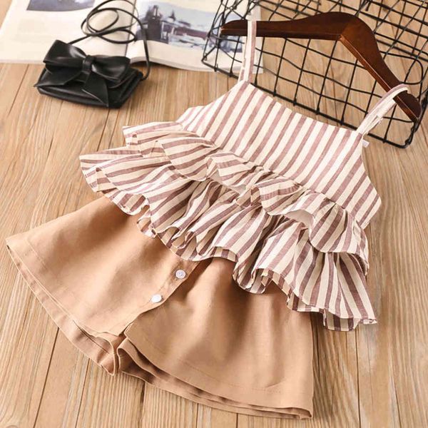 Girls Set Summer Style Children Roupas Roupas Listadas Tops + Button Skirt Calças 2 Pcs Kid Sets 210515