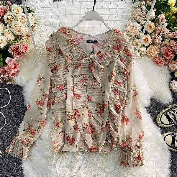

spring autumn trumpet sleeve floral lotus leaf blouse women fashion temperament loose and thin chiffon shirt uk682 women's blouses & sh, White