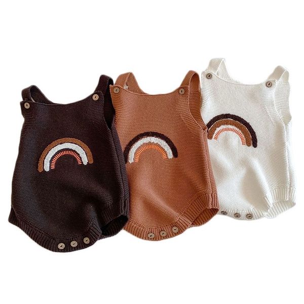 

newborn baby girls sleeveless jumpsuit knitted overalls embroidered rainbow basic bodysuit boys jumpsuits baby knit clothes 210413, White
