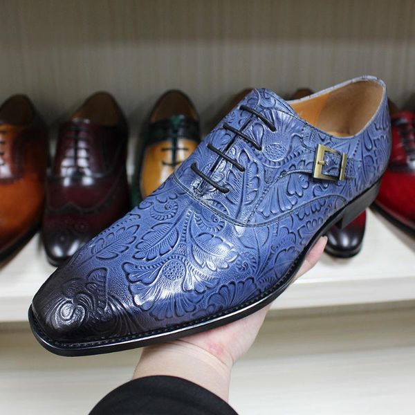 

classic men oxford dress shoes real leather flower print cap toe lace up buckle blue wedding party formal footwear for, Black