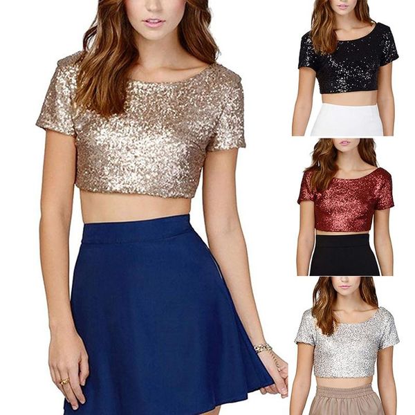 

women's blouses & shirts est backless crop fashion spring summer women o-neck short sleeve sequin shine t shirt female slim, White