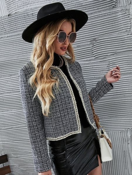 

contrast trim plaid tweed overcoat 89gm#, Black