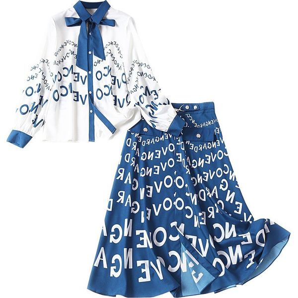 Элегантная буква шаблон MIDI костюм женский бантик воротник с длинным рукавом шифоновые рубашки Top + Split юбка 2 штуки набор 210416