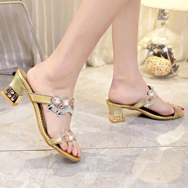 

explosion models bling rhinestone slippers female summer fashion korean version of the wild with sandals ladies thick sa dress shoes, Black