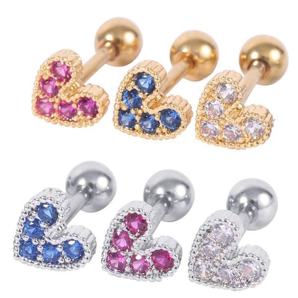 

stud 2021 arrival colorful heart shape zircon earrings cartilage tragus for women girls gift, Golden;silver
