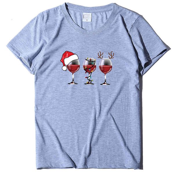 

women's t-shirt european and american wine glass christmas hat printed t-shirt ladies casual fashion loose short 838 dwox, White