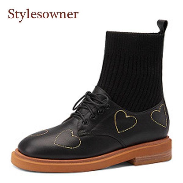 

boots 2021 autumn real leather style cowhide stitching wool tube round-toe flat ankle retro embroidery elastic socks, Black