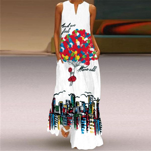 

casual dresses 2021 summer women fashion v-neck sleeveless print dress pocket party maxi plus size s-5xl long sleeve, Black;gray