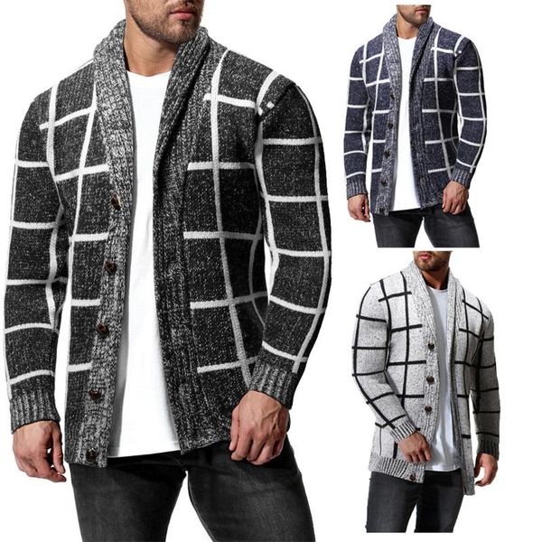 

men's sweaters casual plaid print long sleeve single breasted sweater cardigan long-sleeved knitted jacket, White;black