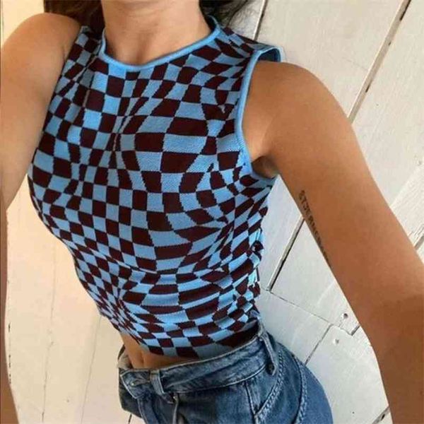 

plaid y2k crop tank knit vest for women fashion summer sleeveless outfits vintage checkerboard shirt female streetwear 210510, White