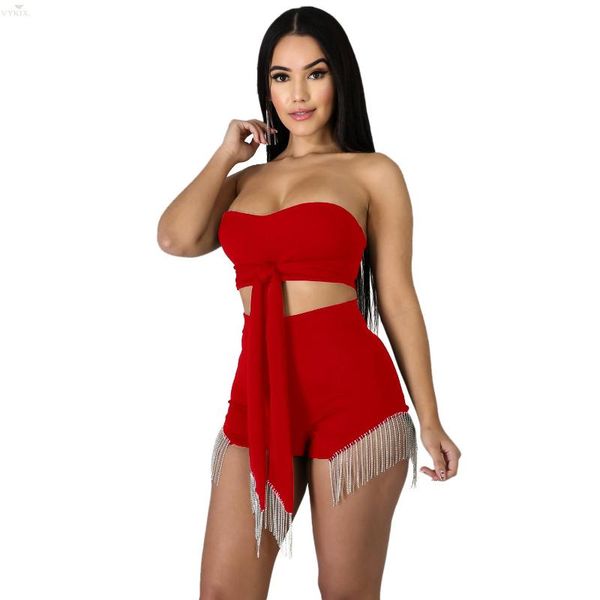 

two piece dress 2021 women set suit sleeveless strapless crop shorts night clubwear fashion tassel outfits, White