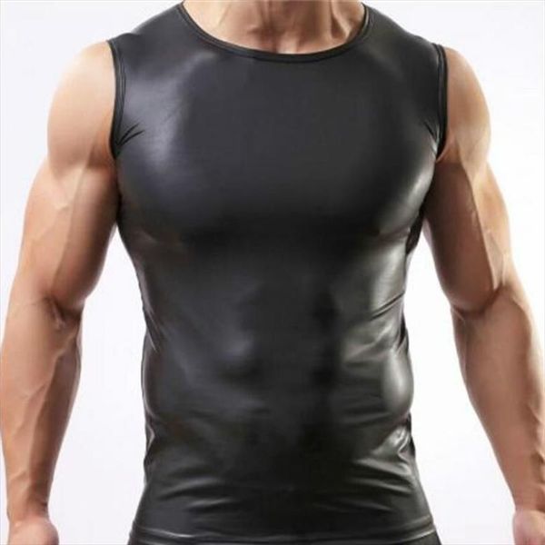

pu leather o neck men tank sleeveless shirts faux vest wear, White;black