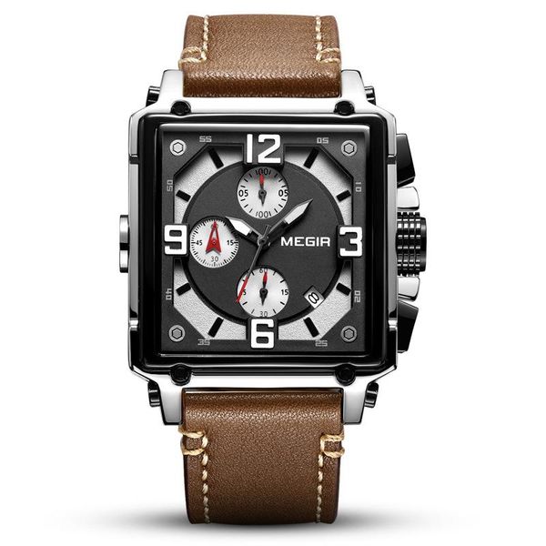 

wristwatches megir retro fashion men's watch square multi-function calendar watches luxury leather business quartz 2061, Slivery;brown