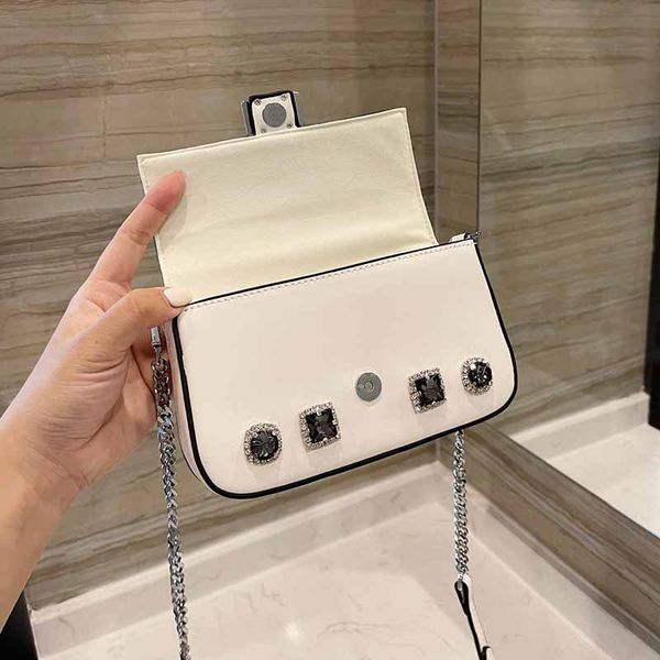

baguette shoulder bag crossbody bags women plain genuine leather diamonds chains tote handbag mini cover hasp hardware wallet