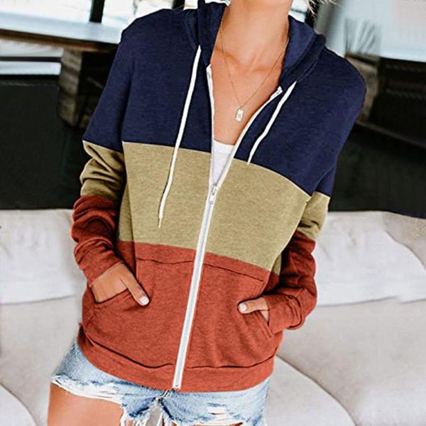 

women's hoodies & sweatshirts long sleeve zip up hoodie patchwork hooded loose sweatshirt pocket retro novelty suÃ©ter feminino #g2, Black