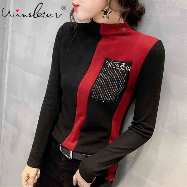 

thick t-shirt women warm brushed cotton color block diamonds mock neck long sleeve t shirt ropa mujer t02402b 210421, Black;gray