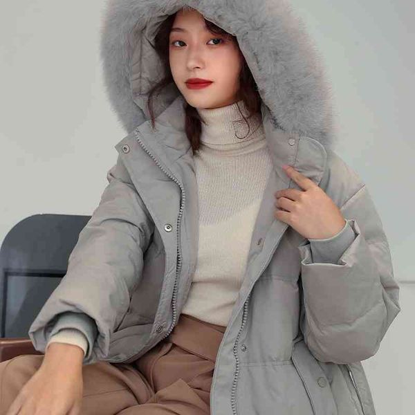 

l2387 winter coat women's long loose fluffy white duck down jacket thickened snow raccoon collar, Black