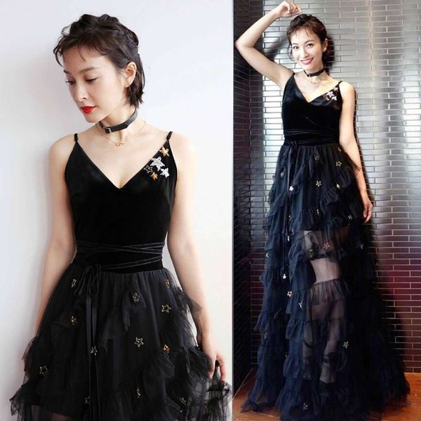 

[] wu xin's same dress women's handmade nail bead sequin suspender velvet stitching mesh sexy, Black;gray