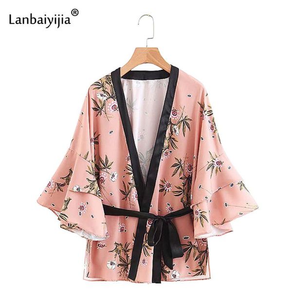 

women's blouses & shirts lanbaiyijia est women blouse flare sleeve stand collar summer flower print bow sashes laminated casual shirt, White