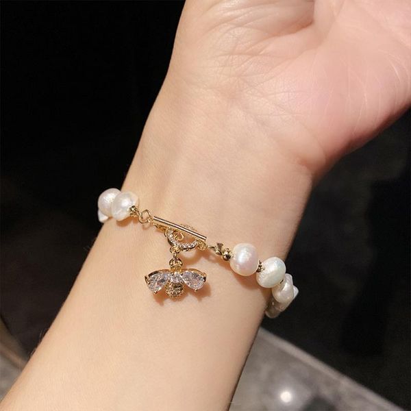 

link, chain korea fashion jewelry natural freshwater pearl bracelet micro-inlaid bee design for women, Black