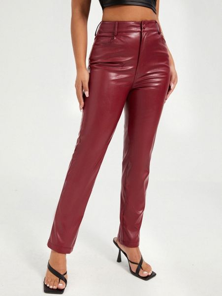 

high waist straight leg pu leather pants 09x8#, Black;white