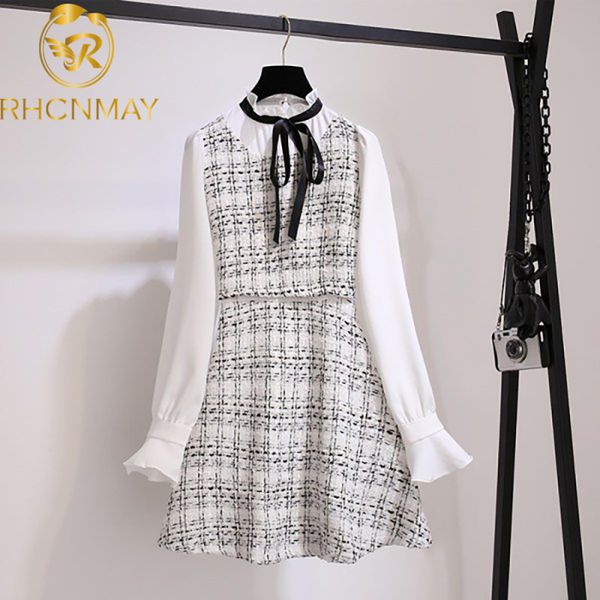 

2021 spring vintage tweed dress sweet bow tie up tweed dress flare sleeve patchwork fake two pieces plaid dress vestidosswimwear bathing sui, Black;gray
